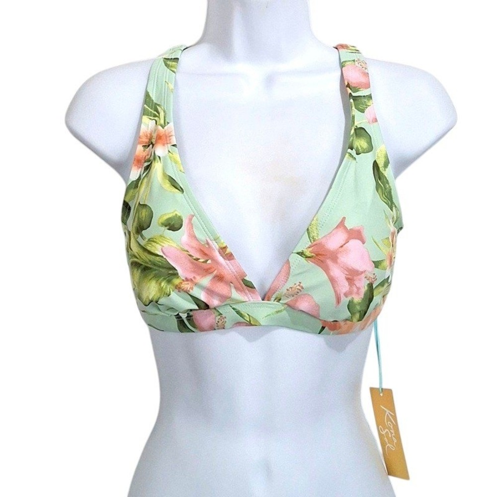 Kona Sol Women Bikini Swim Top M Green Tropical Floral Tie Back Padded Hibiscus